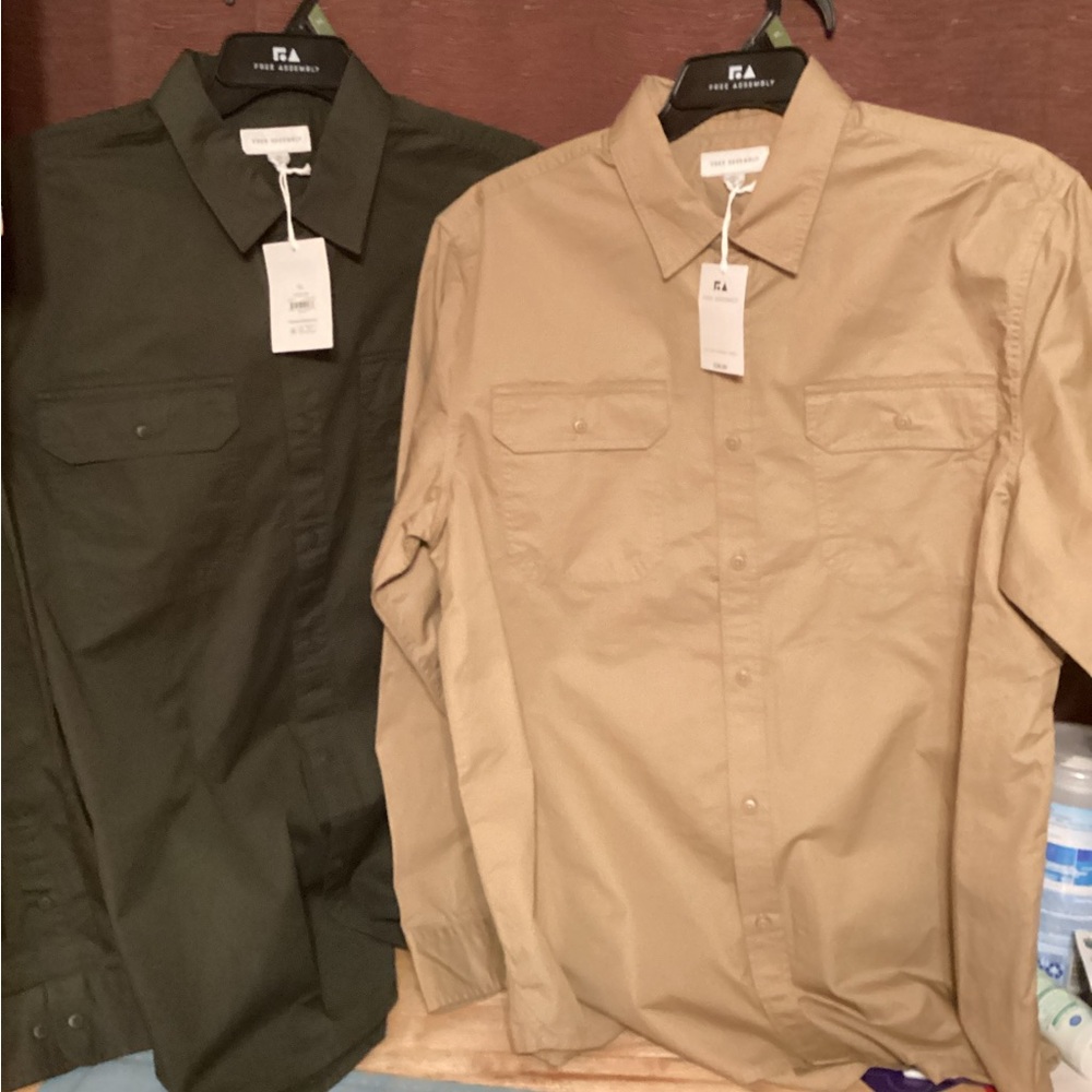 Free Assembly men’s cotton utility shirts with two pockets. Tan and green.